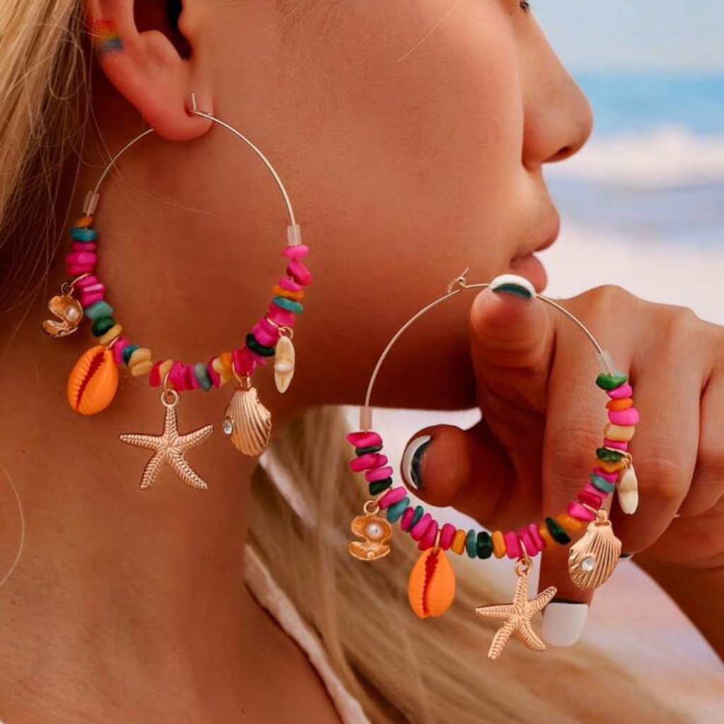 1 Pair Boho Style Colorful Shell Starfish Beads Hoop Earrings Summer Beach 19$